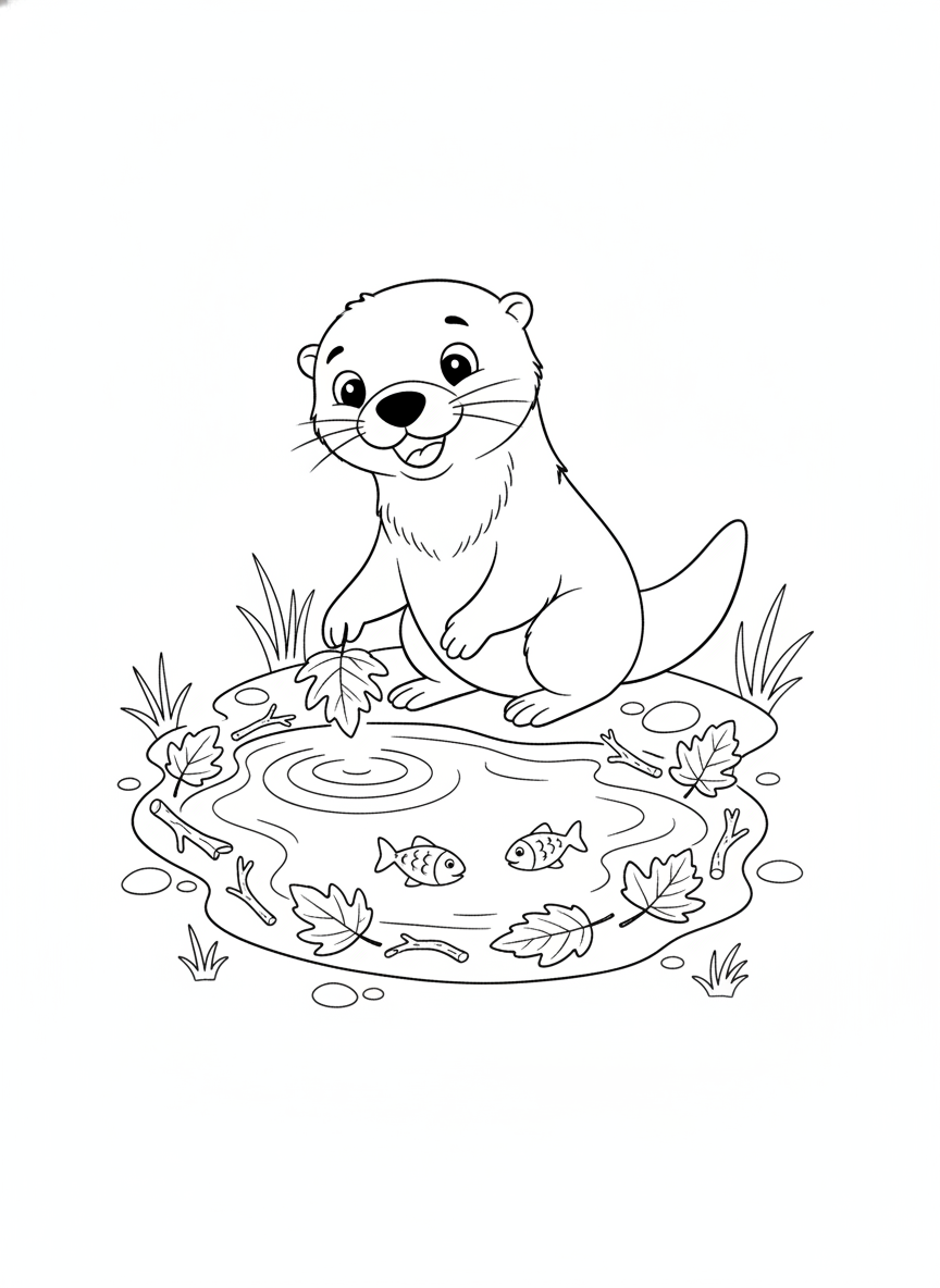 Playful Otter Decorating a Puddle Coloring Page