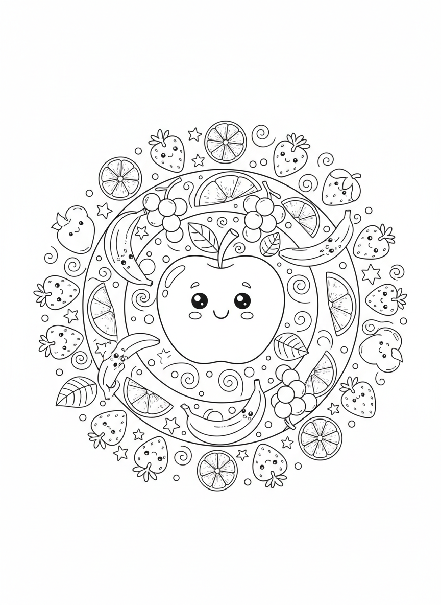 Delightful Fruit Mandala Coloring Page for Kids