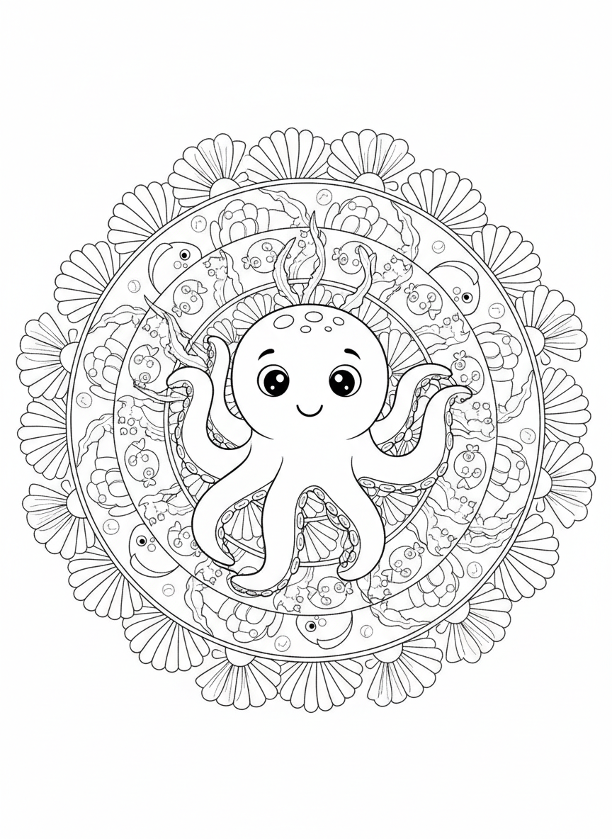 Delightful Marine Life Mandala Coloring Page for Kids