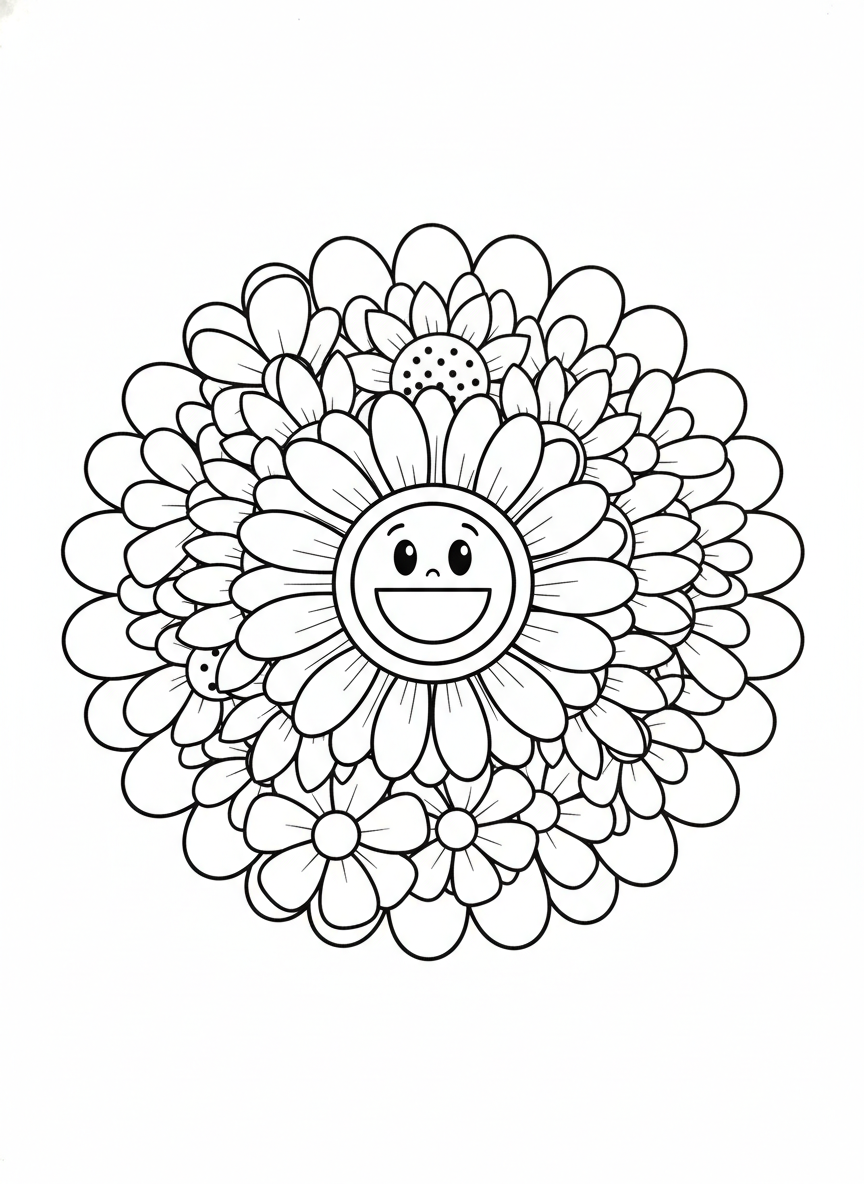 Happy Flower Mandala Coloring Page for Kids
