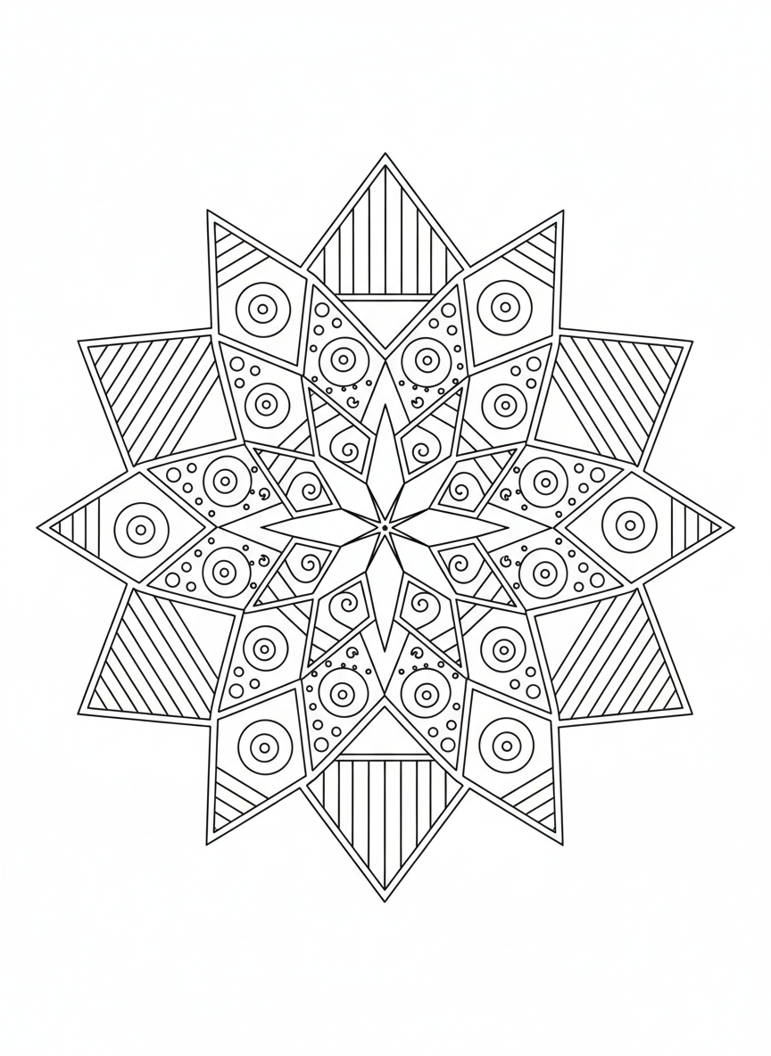 Whimsical Kaleidoscope: Geometric Flower & Star Kids' Coloring Page