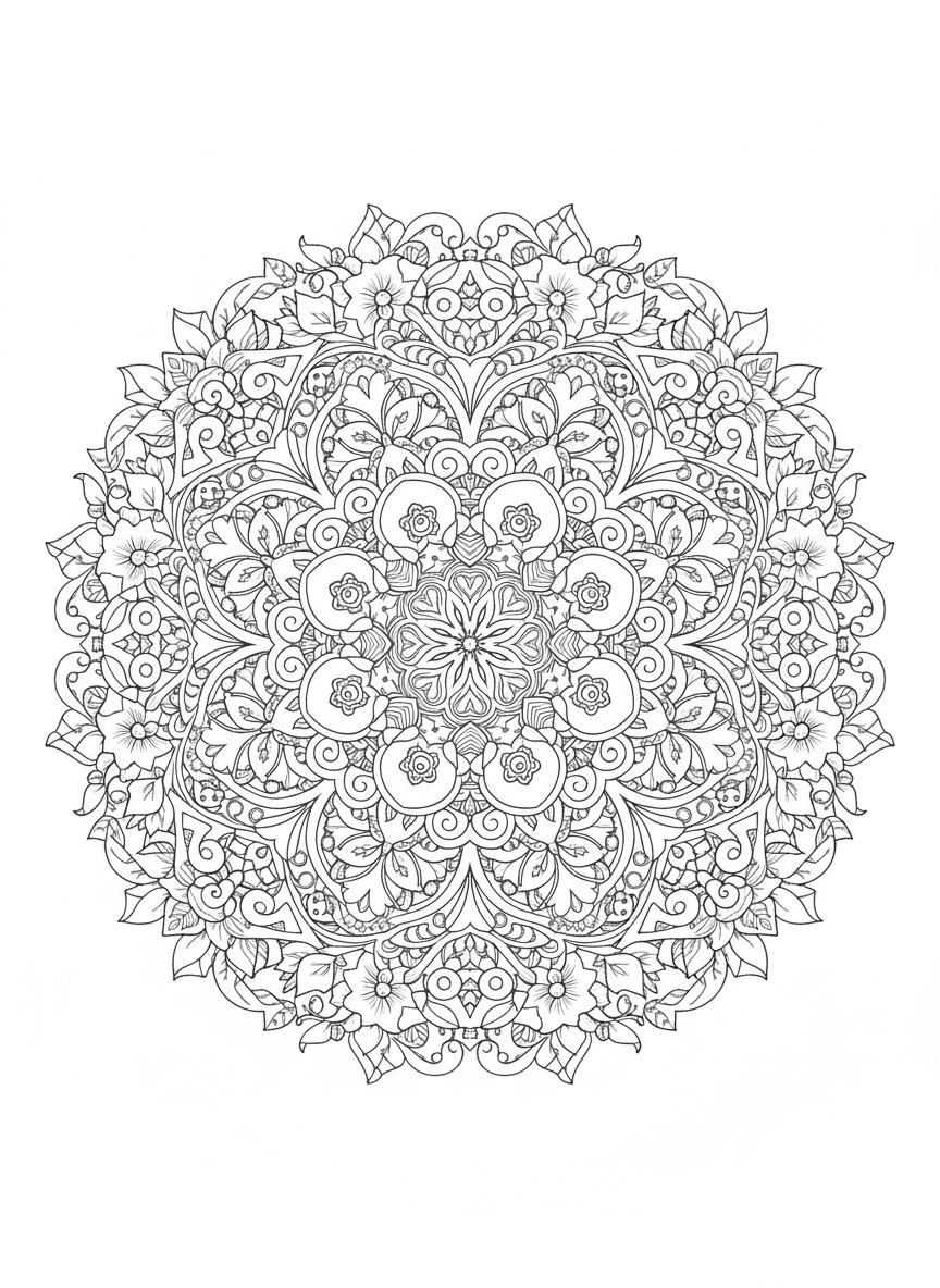 Whimsical Nature Mandala Coloring Page for Kids 8-10