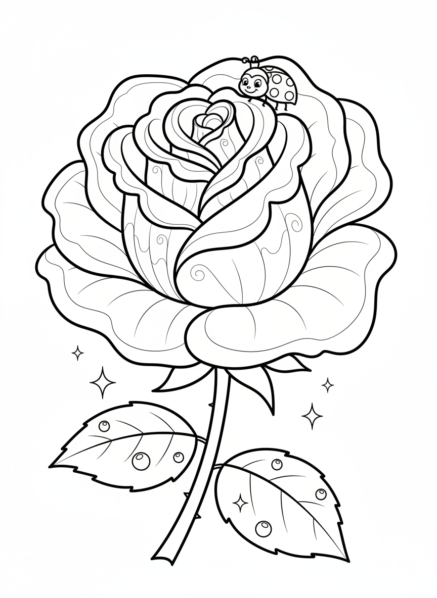 Charming Cartoon Rose with Friendly Ladybug Coloring Page