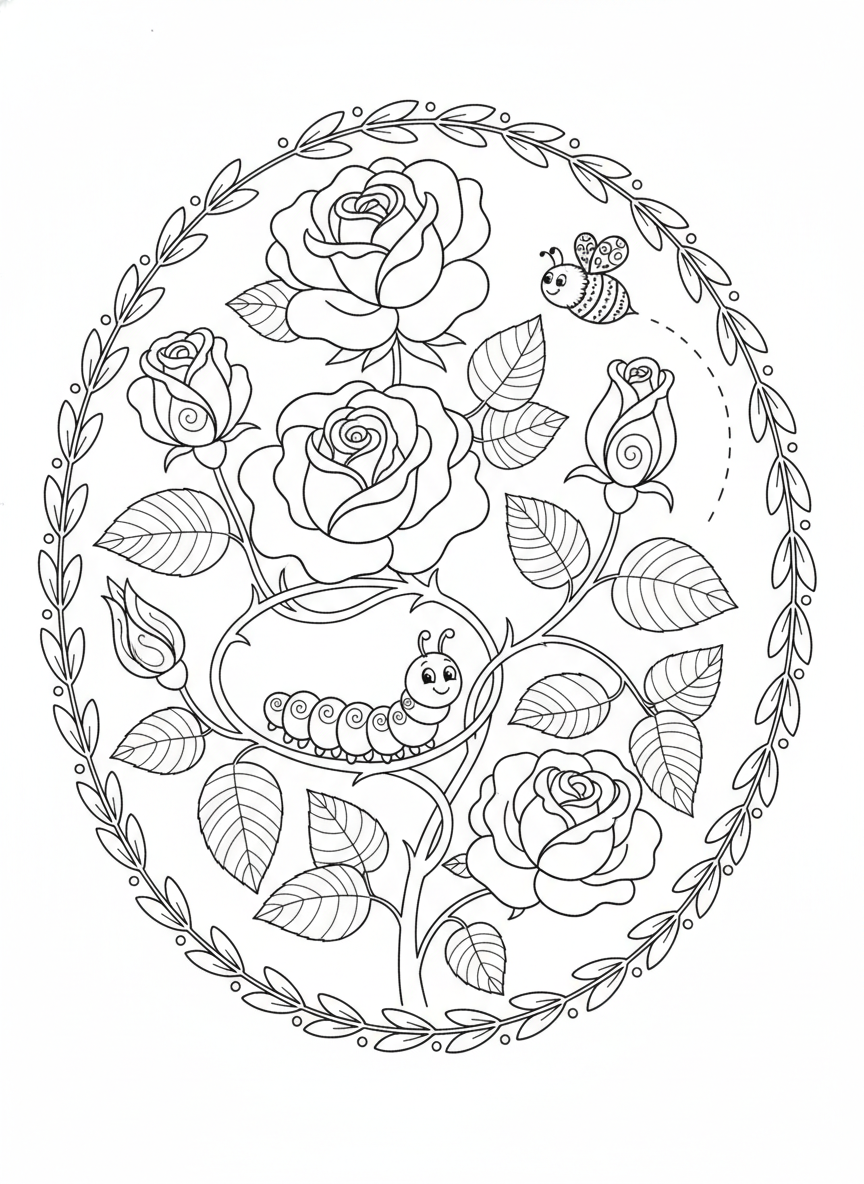 Charming Rose Bush with Caterpillar & Bee