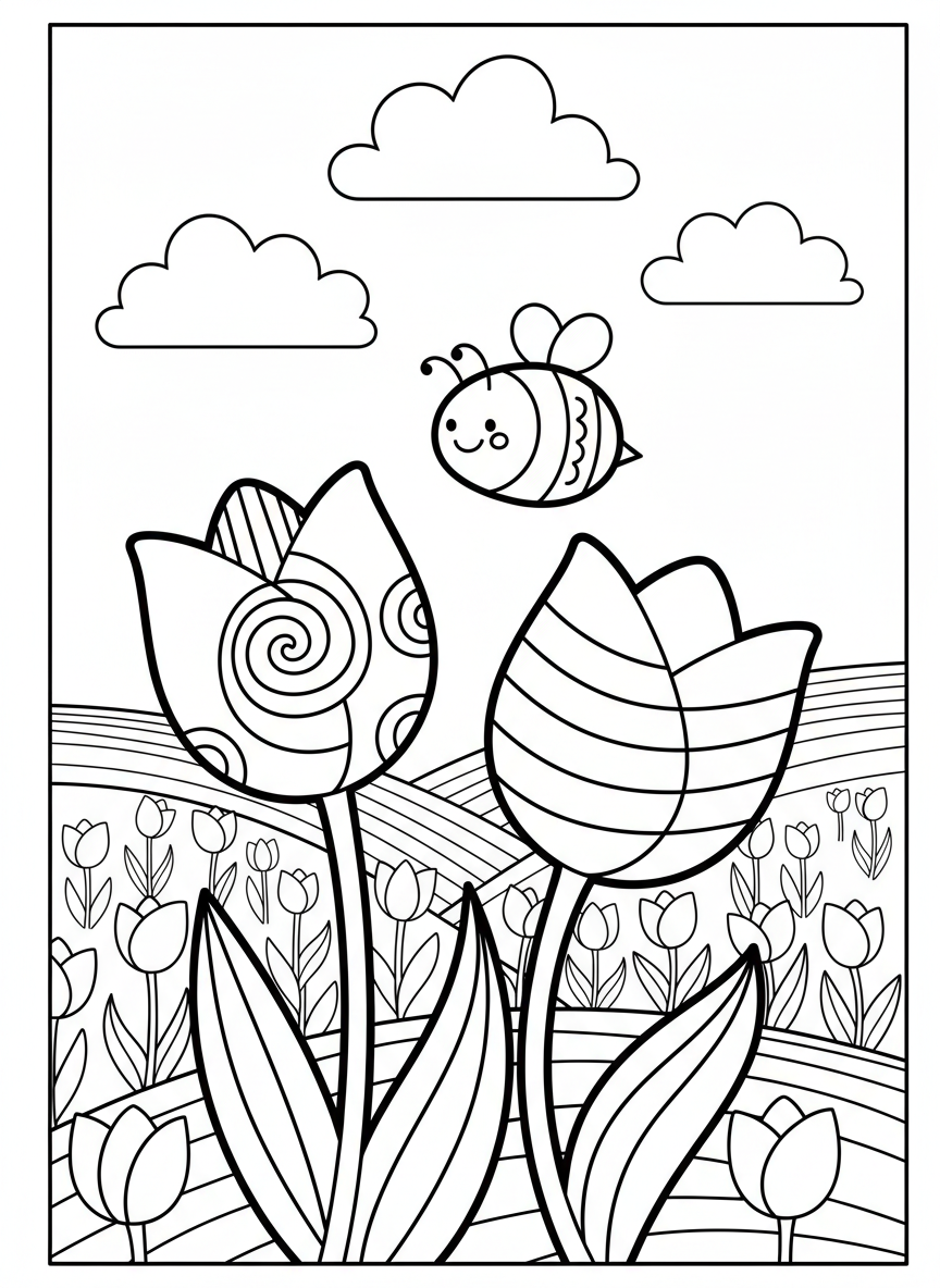 Charming Tulip Field with Friendly Bee Coloring Page