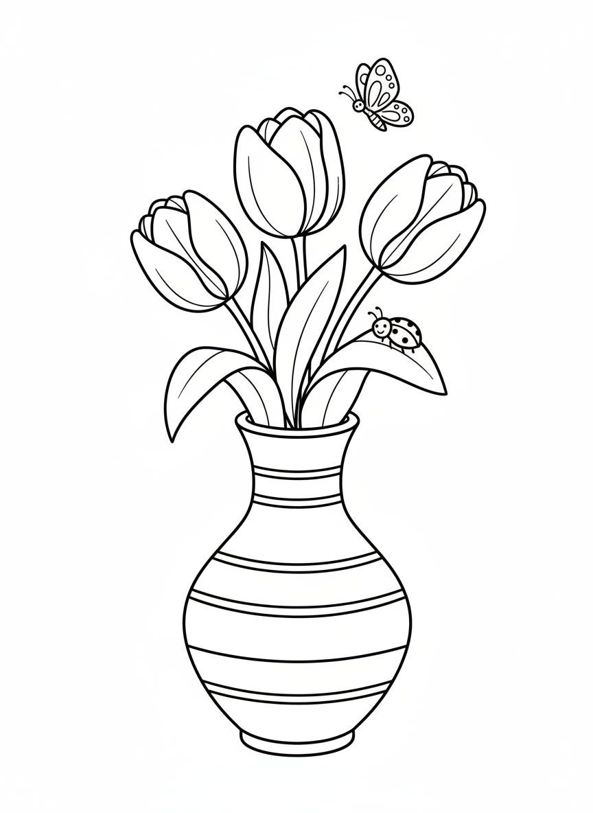 Charming Tulips in Vase with Ladybug & Butterfly