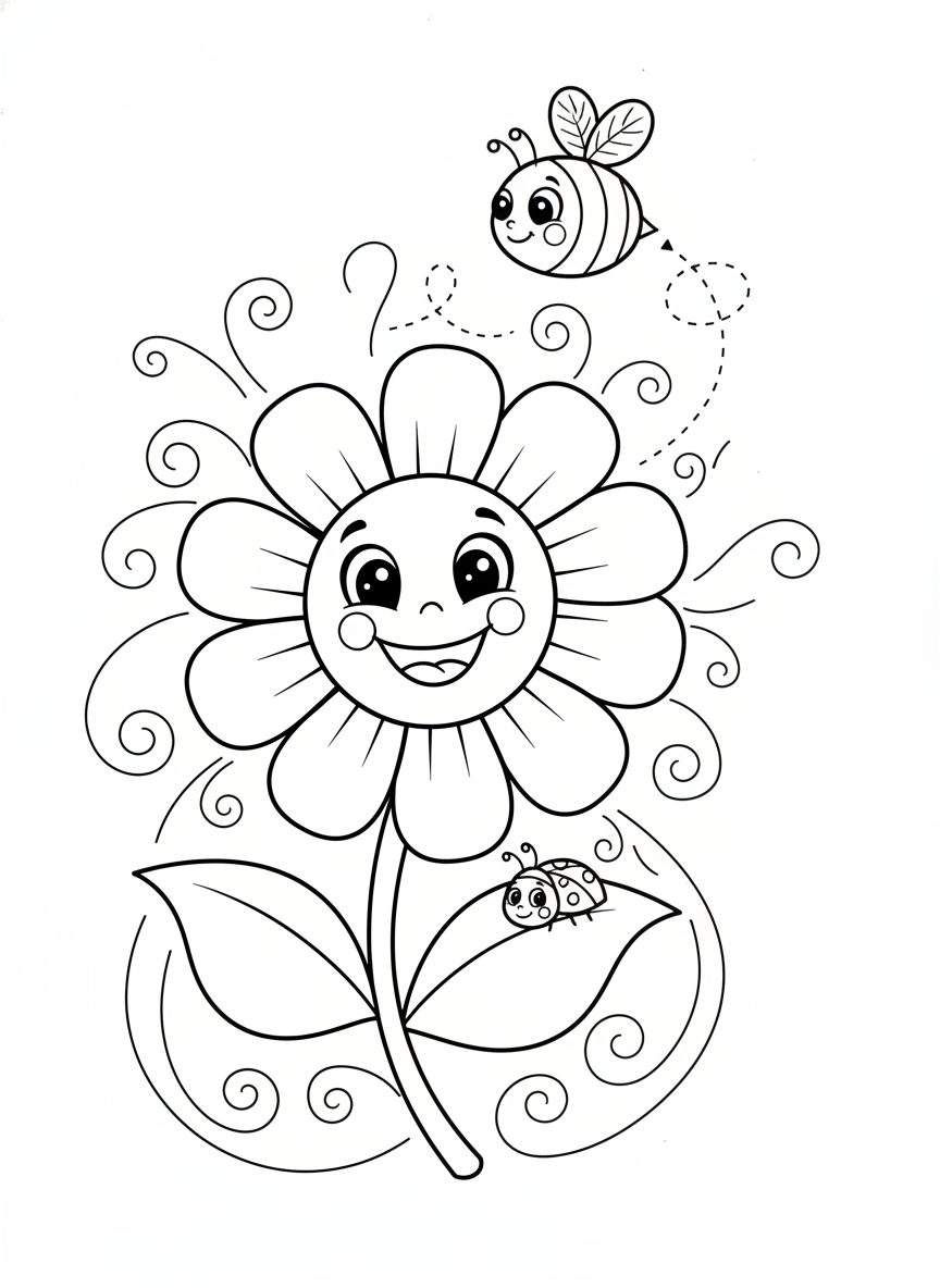 Cheerful Blooming Flower with Bee and Ladybug Coloring Page