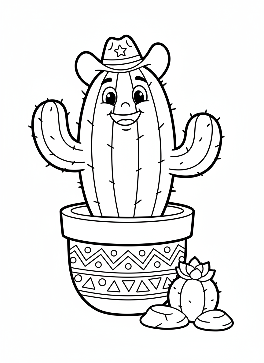 Cheerful Cowboy Cactus & Succulent Coloring Page for Kids