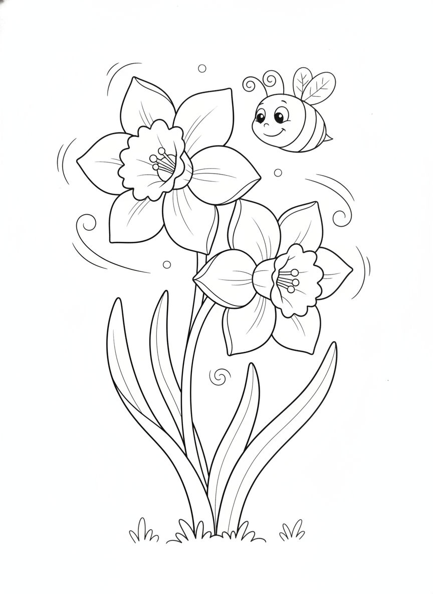 Cheerful Daffodil and Friendly Bee Coloring Page for Kids