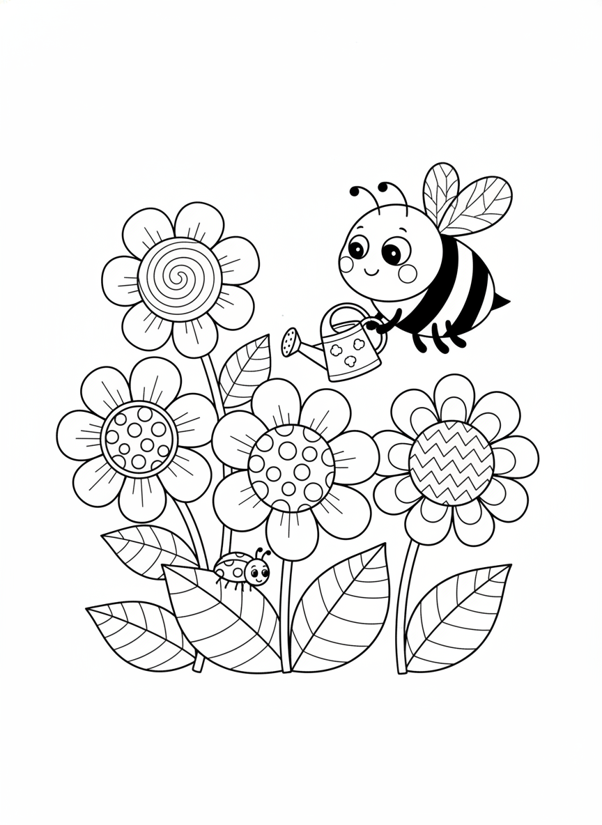 Cheerful Flower Garden Coloring Page for Kids: Bee & Ladybug Fun