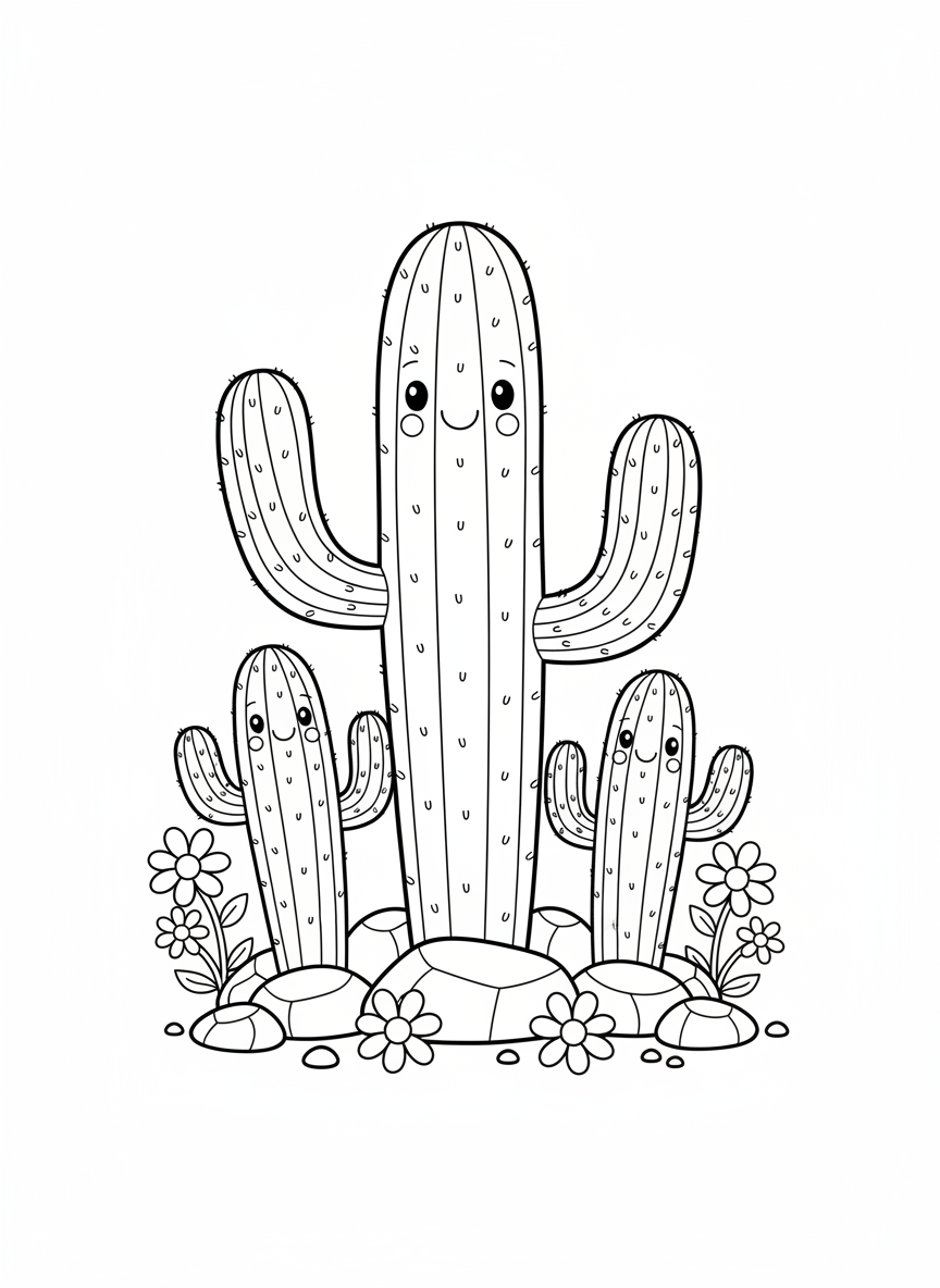 Cheerful Saguaro Cactus Family Coloring Page for Kids