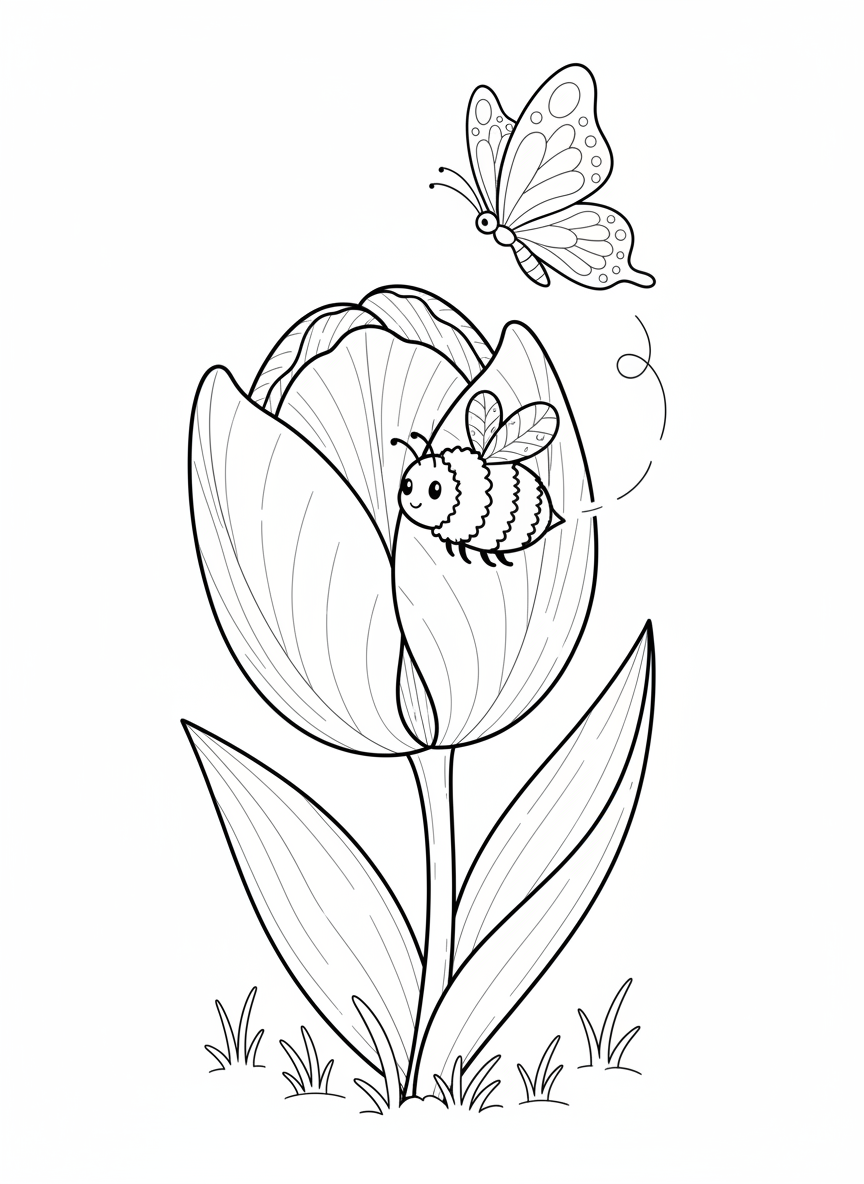 Cheerful Spring Garden with Tulip, Bee & Butterfly Coloring Page