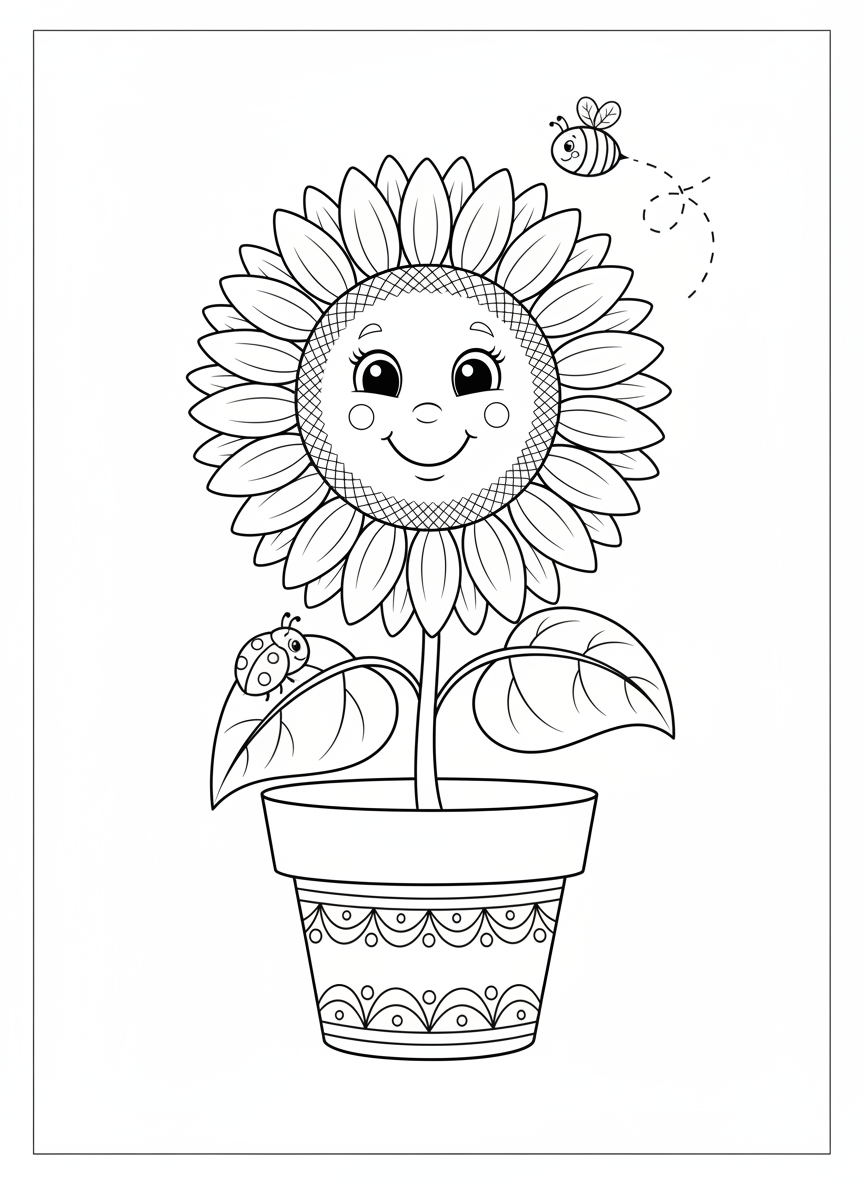 Cheerful Sunflower Coloring Page for Kids with Ladybug & Bee