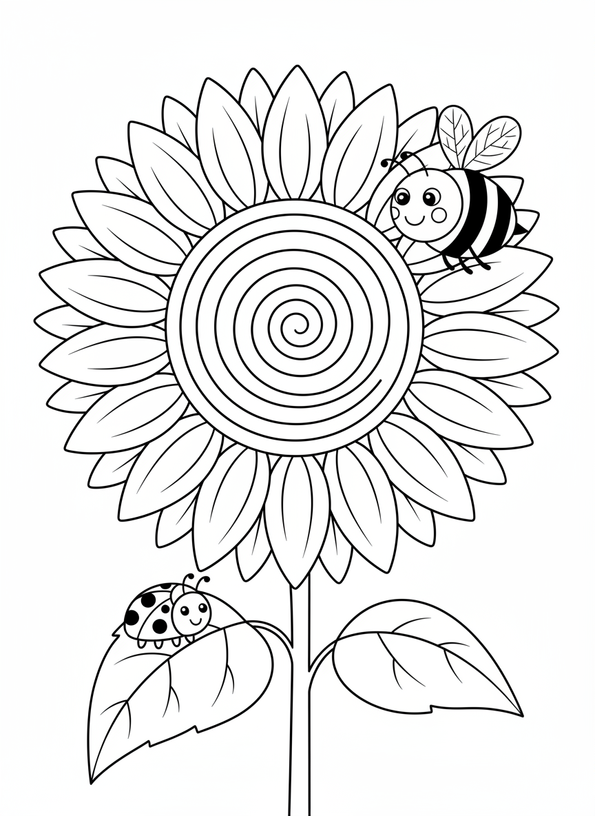 Cheerful Sunflower with Friendly Bee & Ladybug Coloring Page for Kids