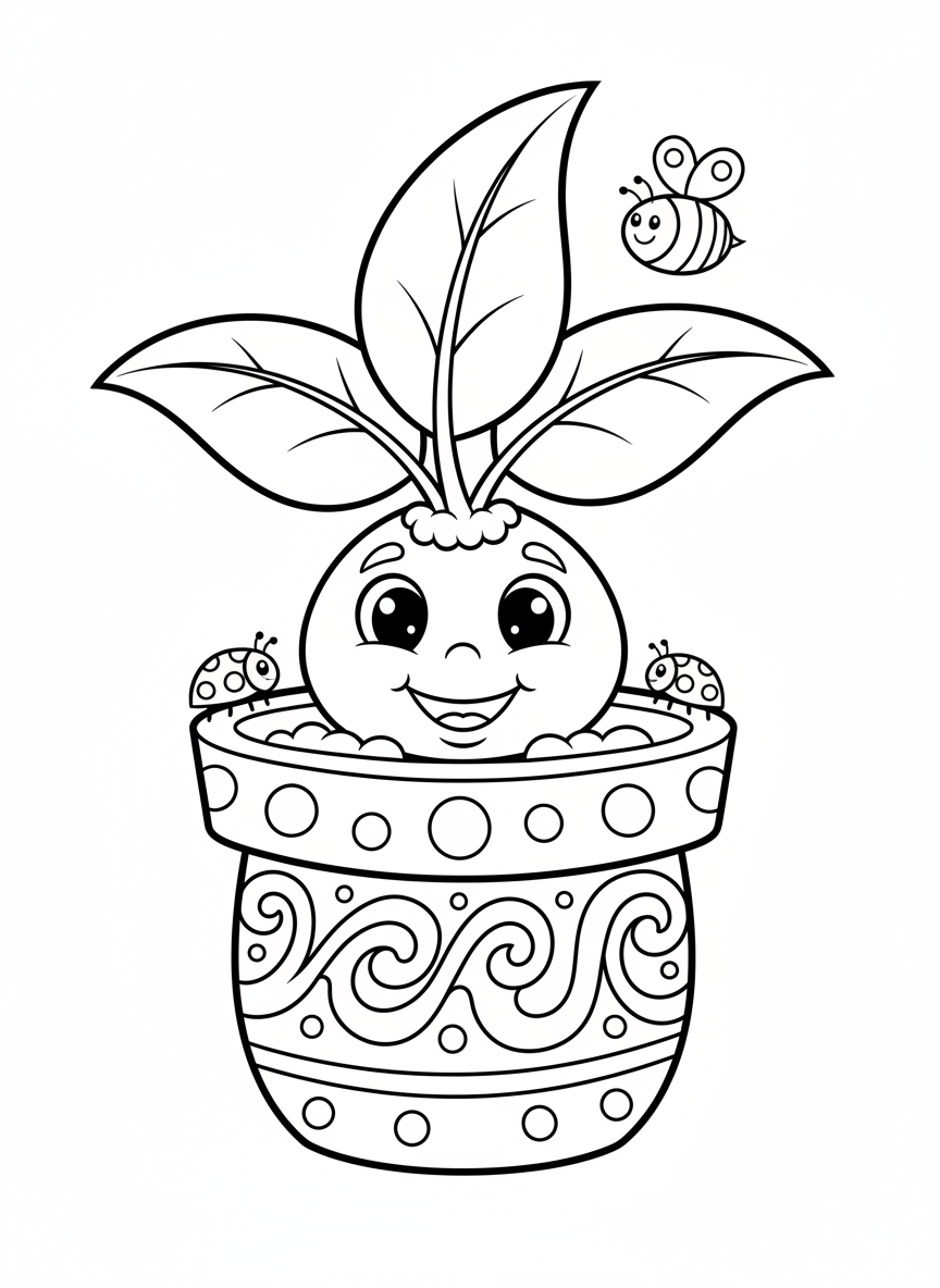 Cute Anthropomorphic Potted Plant with Ladybugs & Bee Coloring Page for Kids