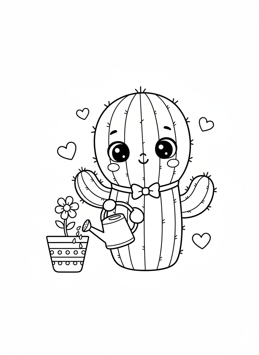 Cute Baby Cactus Watering Flower Coloring Page
