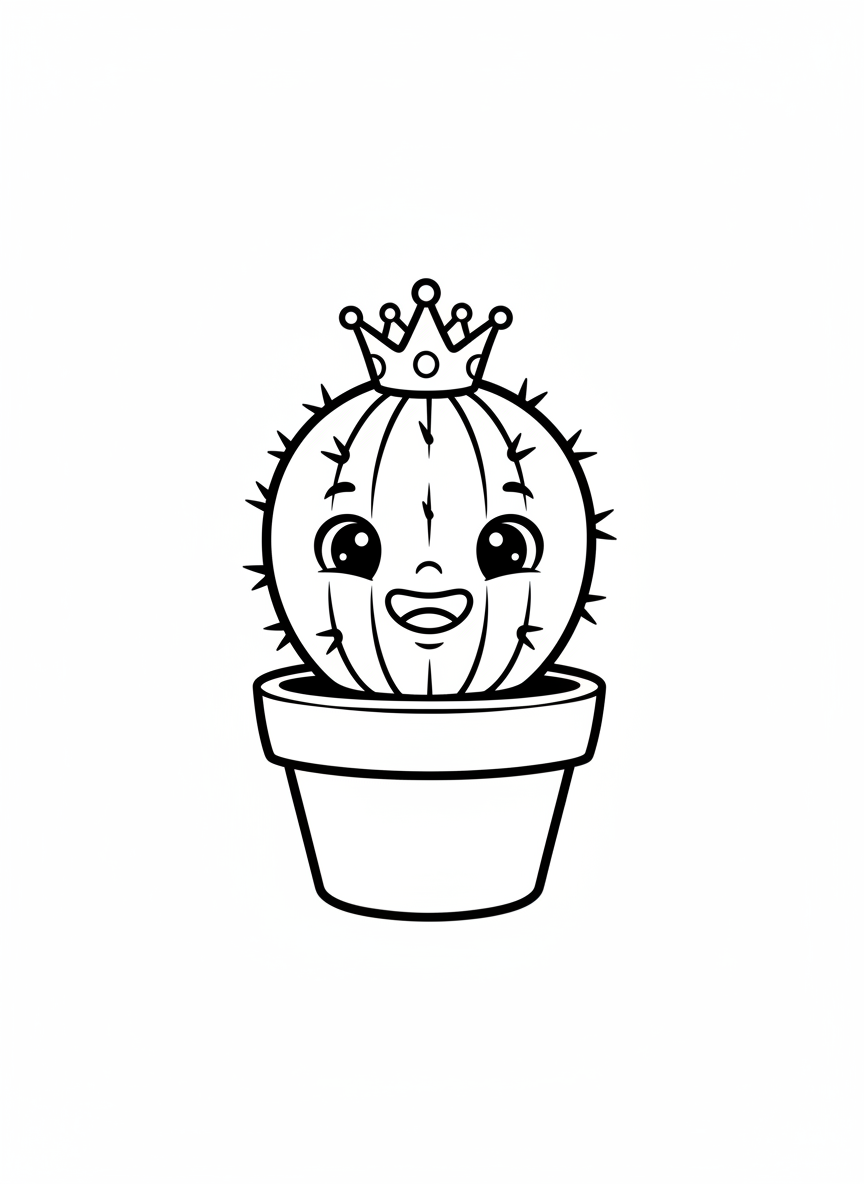 Cute Baby Cactus with Crown Coloring Page for Kids