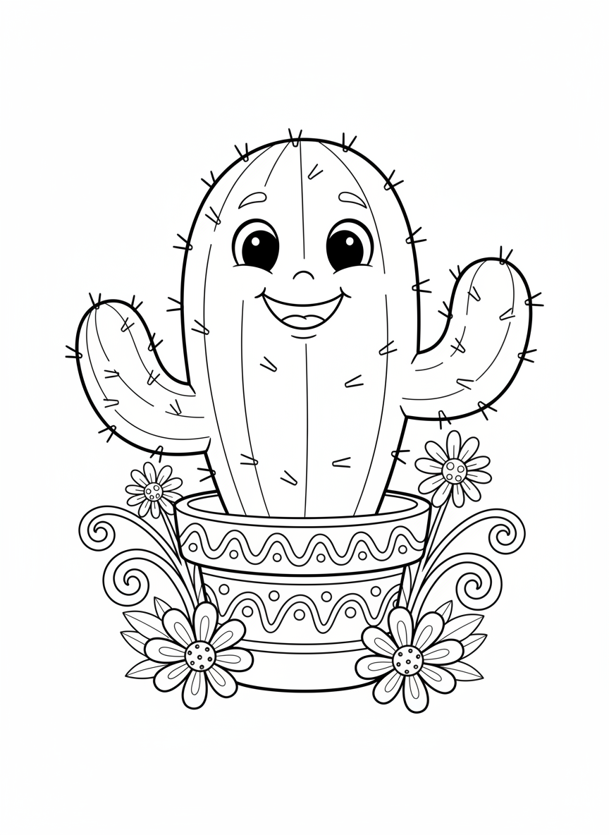 Cute Smiling Cactus Coloring Page for Kids