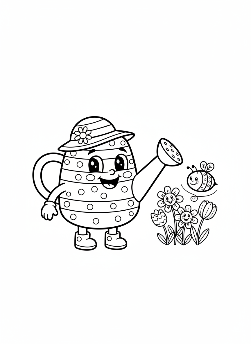Cute Watering Can & Bee Coloring Page