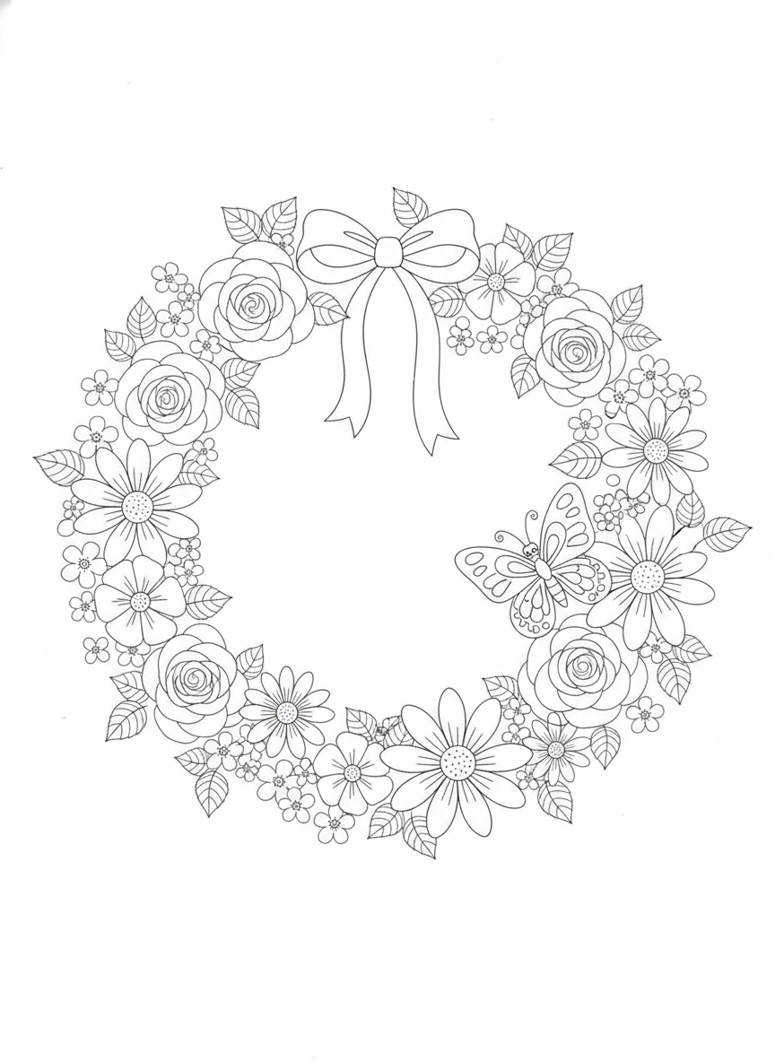 Enchanting Flower Wreath & Butterfly Coloring Page for Kids
