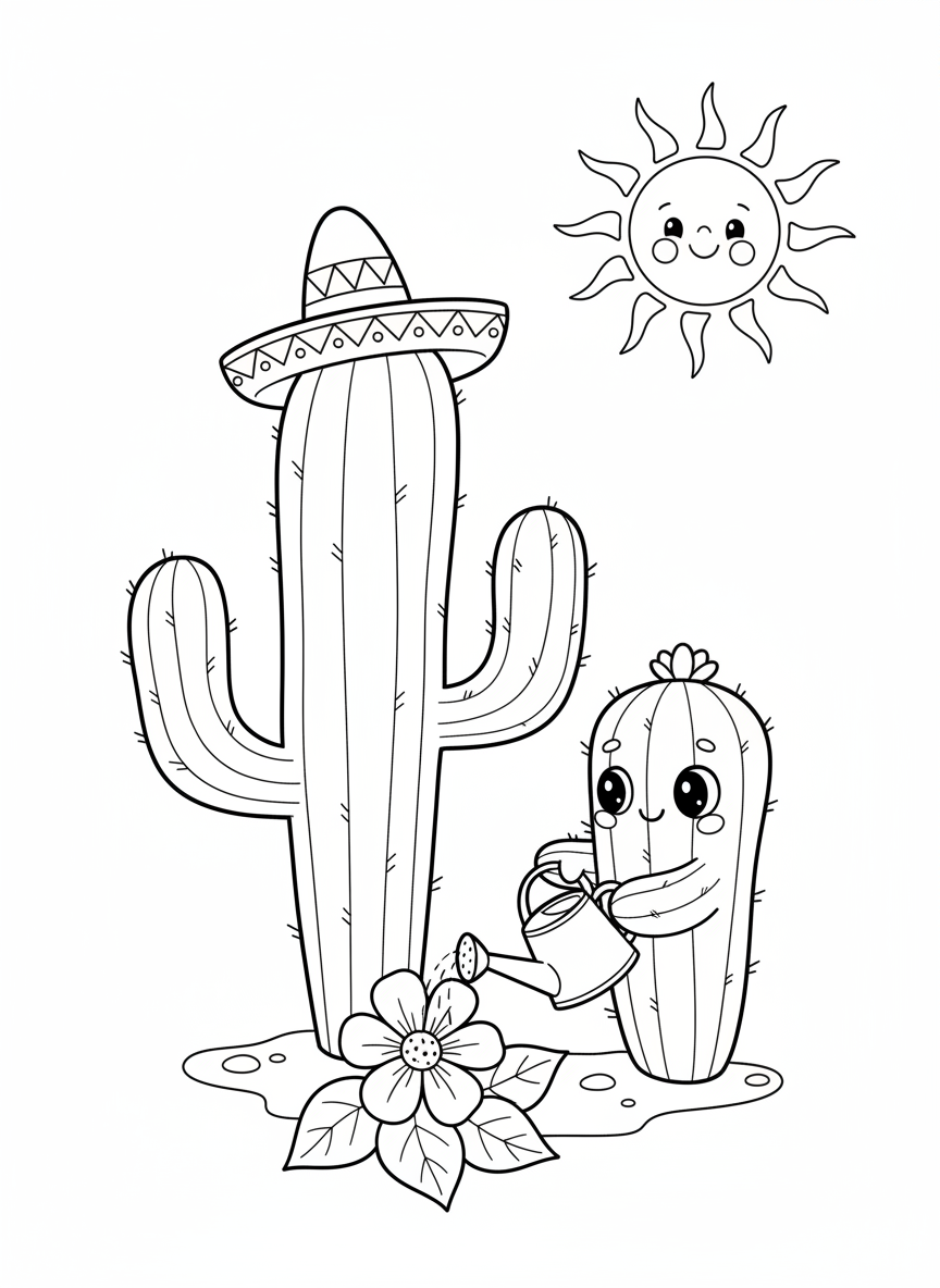 Friendly Cactus Family Coloring Page for Kids