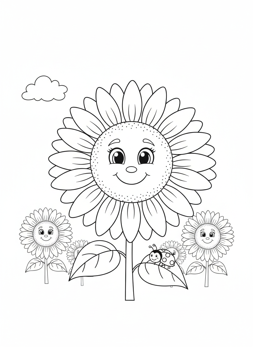 Friendly Sunflower & Ladybug Coloring Page for Kids