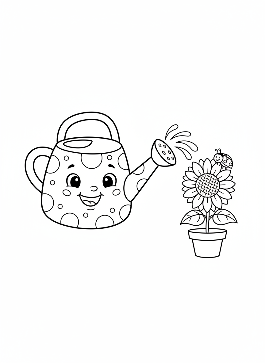 Friendly Watering Can & Sunflower Coloring Page