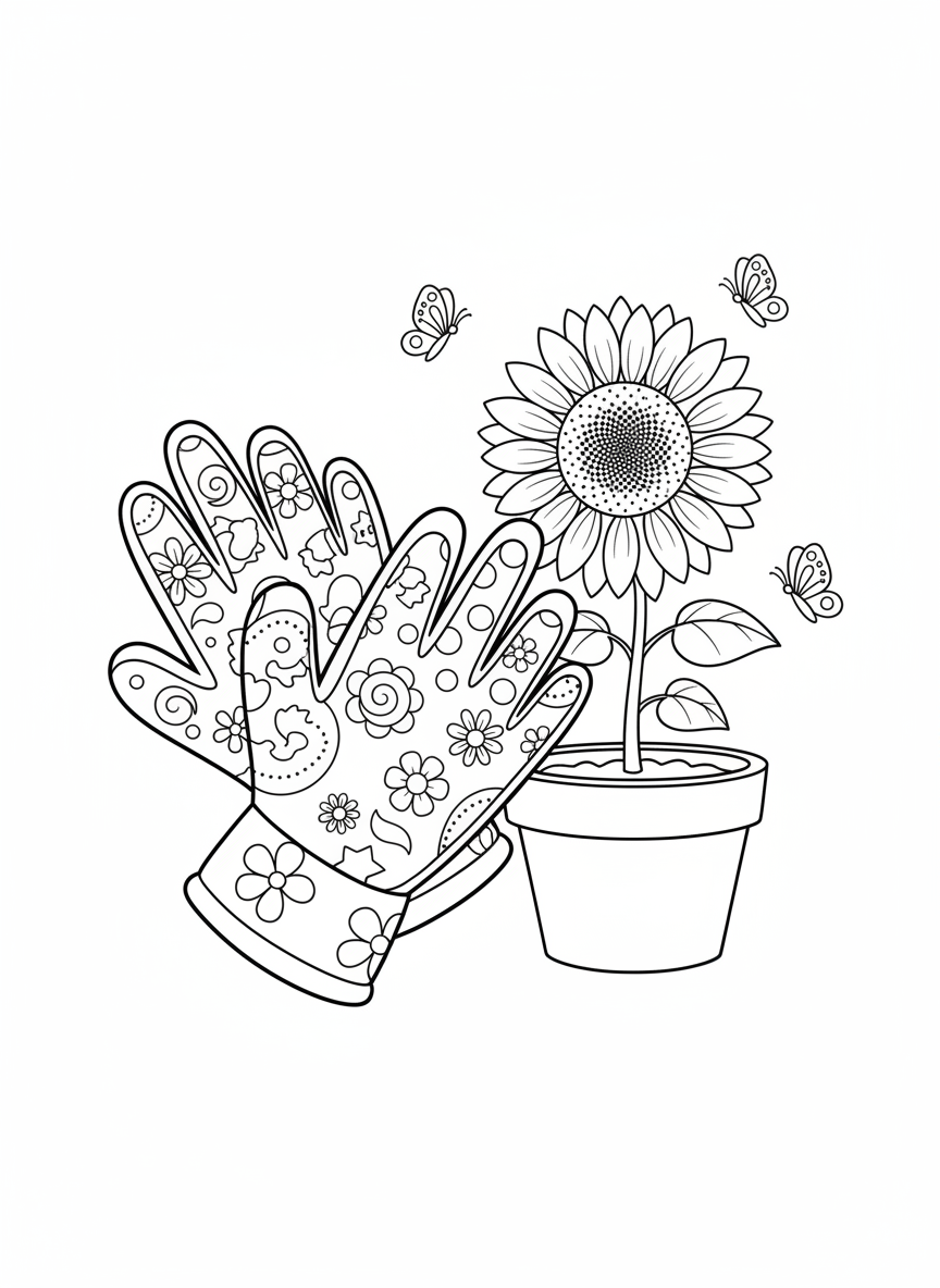 Gardening Gloves & Sunflower Fun Coloring Page