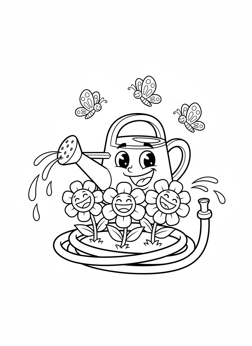 Happy Garden Watering Fun Coloring Page