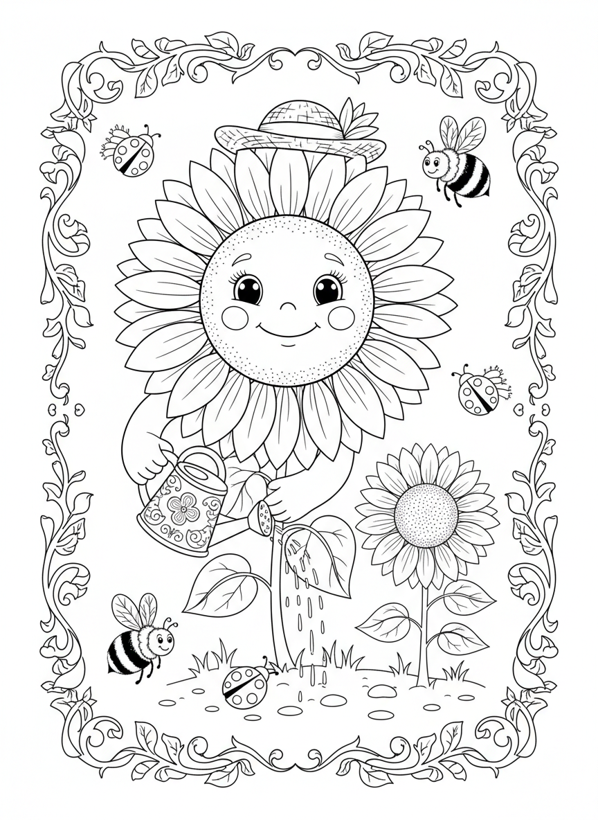 Happy Sunflower Baby Watering Friend Coloring Page