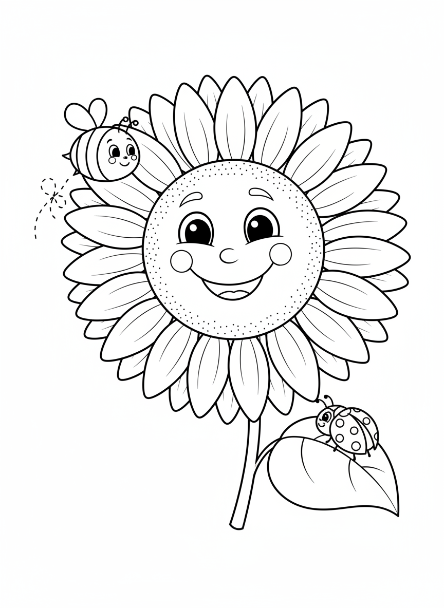 Happy Sunflower Coloring Page for Kids with Bee & Ladybug