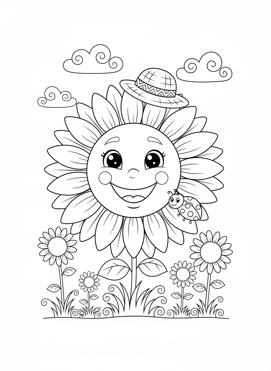 Happy Sunflower with a Straw Hat Coloring Page