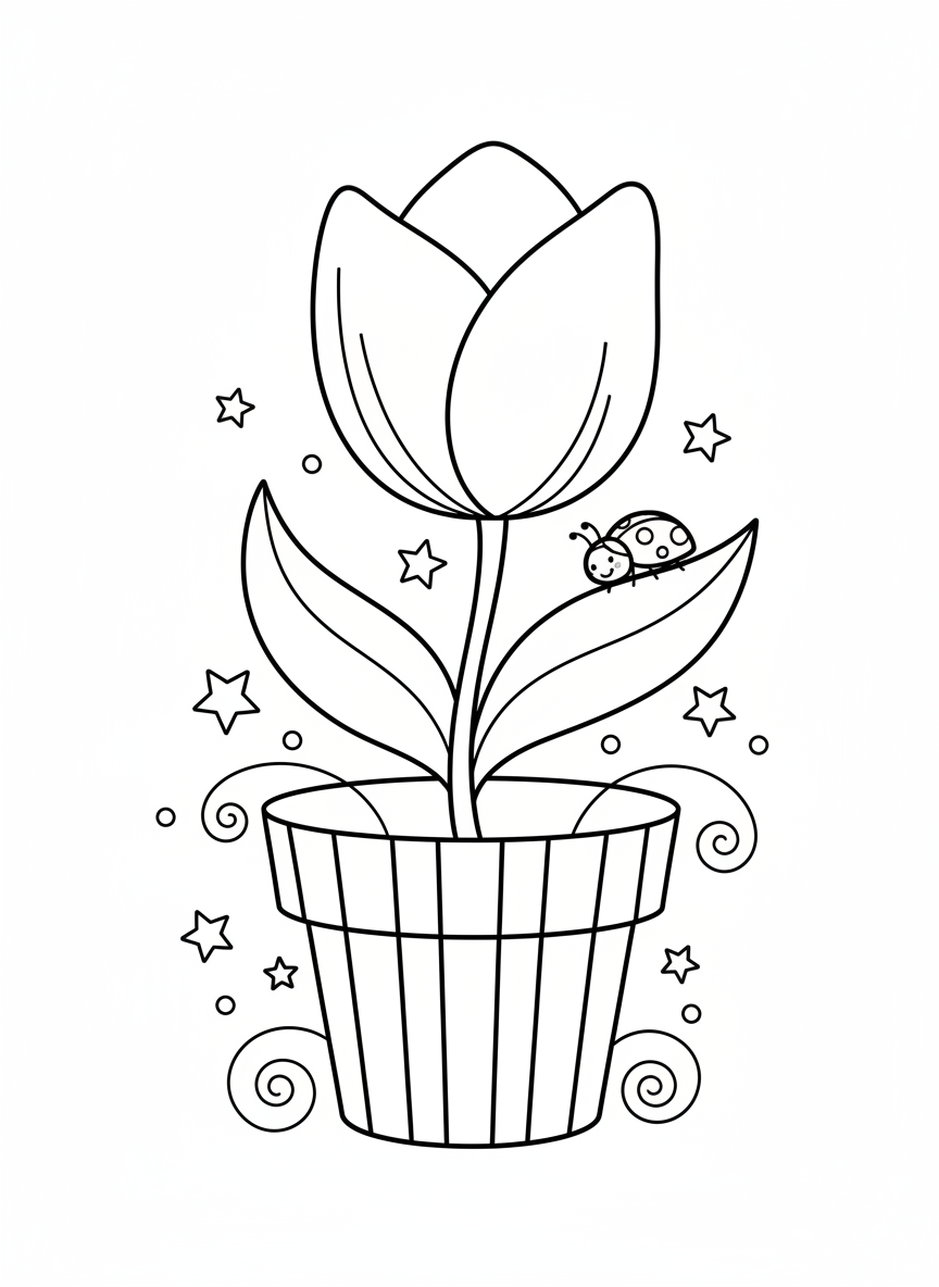 Happy Tulip & Ladybug Coloring Page