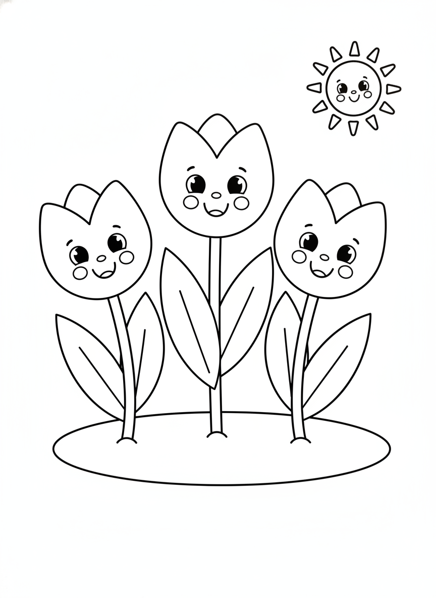 Happy Tulips and Smiling Sun: Easy Coloring Page for Kids