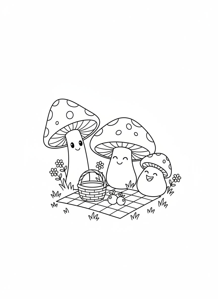 Mushroom Family Picnic Coloring Page