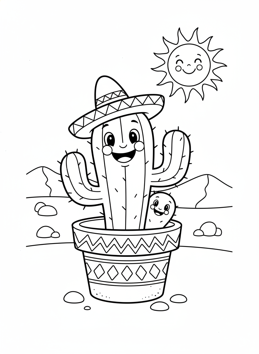 Smiling Cactus Family Coloring Page for Kids
