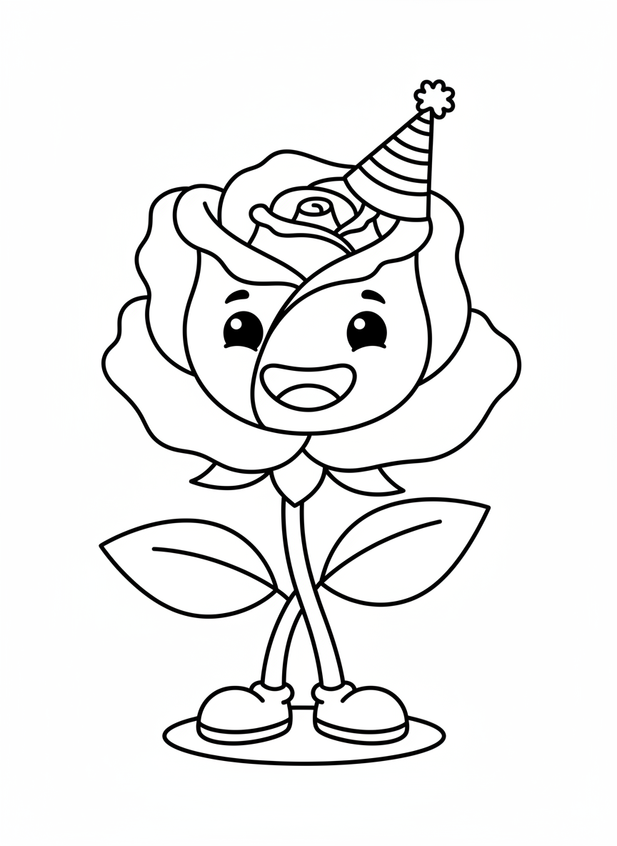 Smiling Rose with Party Hat Coloring Page