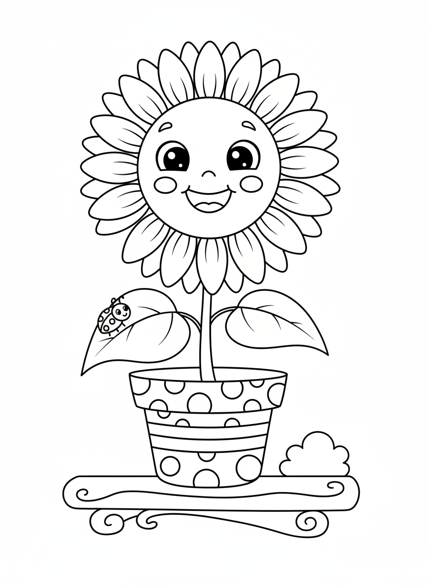 Smiling Sunflower & Ladybug Coloring Page