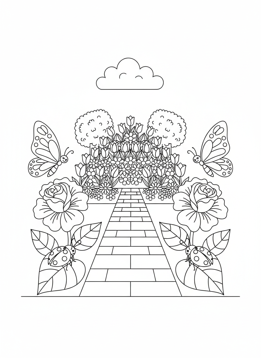 Symmetrical Garden Fun Coloring Page for Kids