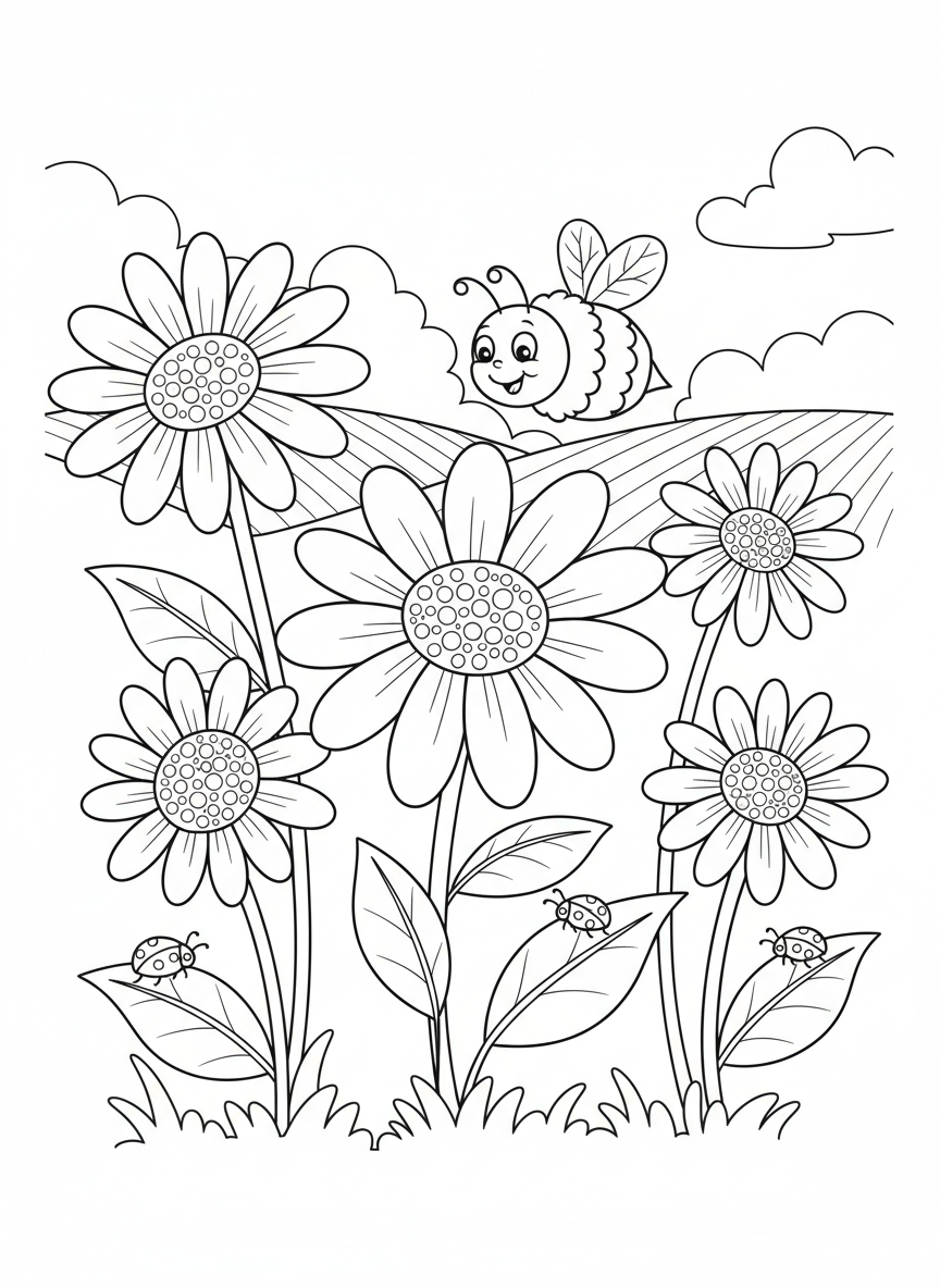Whimsical Daisy Field with Bumblebee & Ladybugs