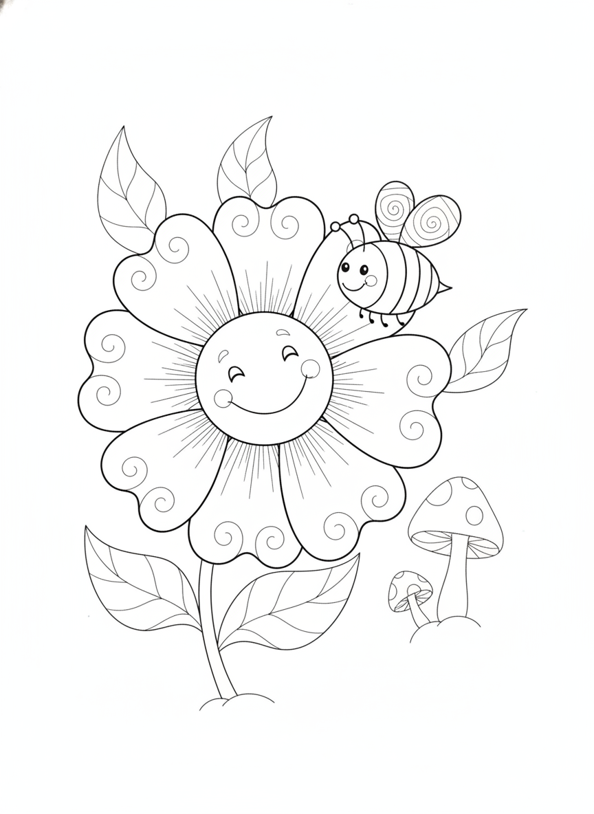 Whimsical Flower and Happy Bee Coloring Page for Kids