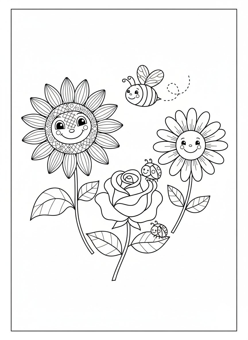 Whimsical Garden Flowers & Friendly Bugs Coloring Page