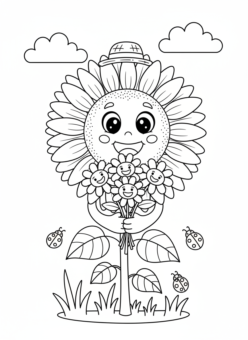 Whimsical Garden Sunflower & Daisies Coloring Page