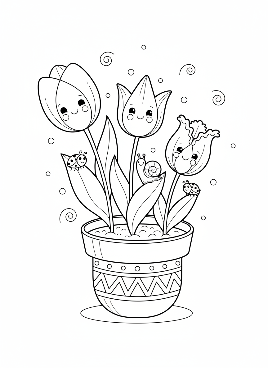 Whimsical Garden Tulips Coloring Page