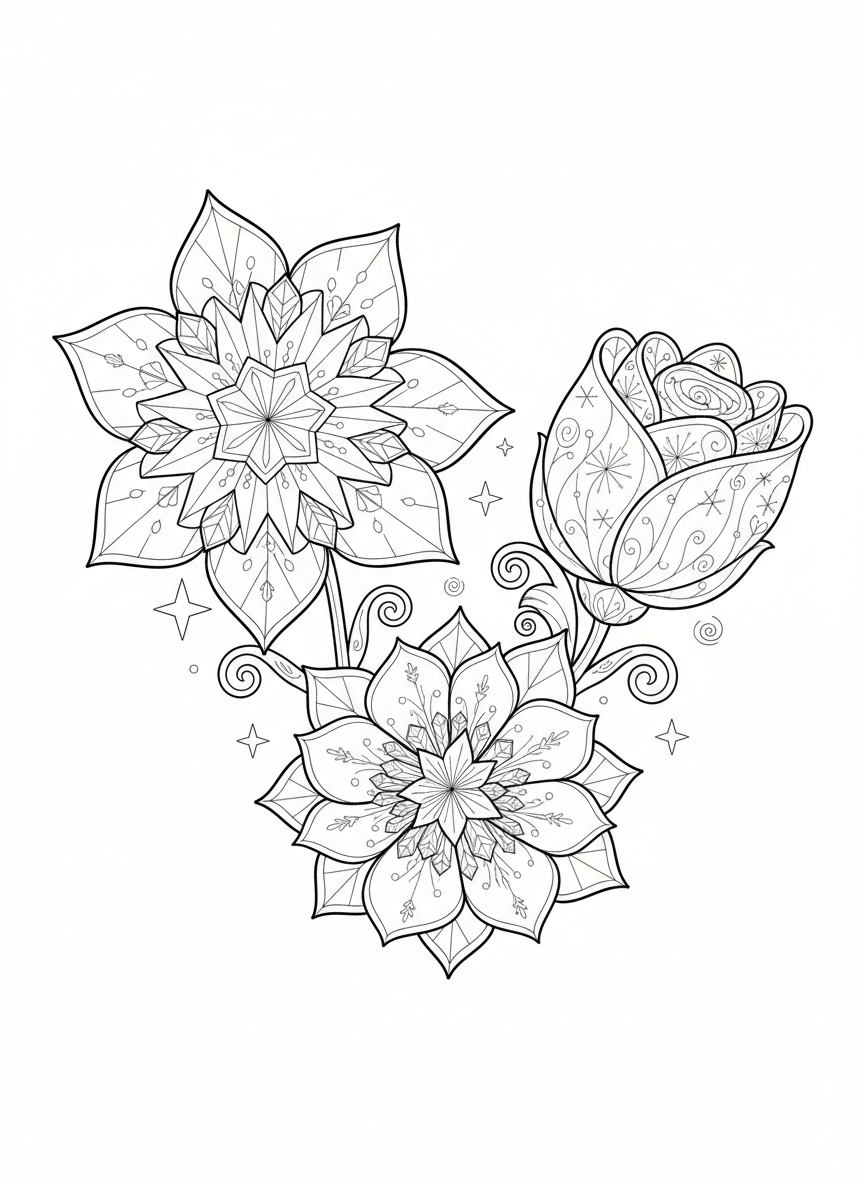 Whimsical Ice Crystal Flower Garden Coloring Page