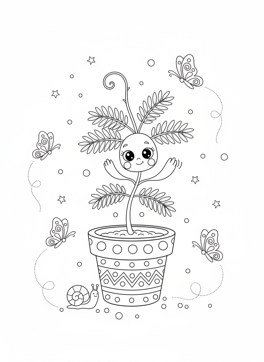Whimsical Mimosa Plant & Butterflies Coloring Page