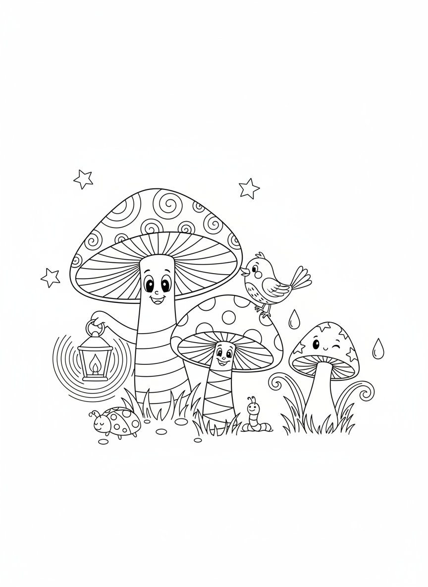 Whimsical Mushroom Family Forest Coloring Page