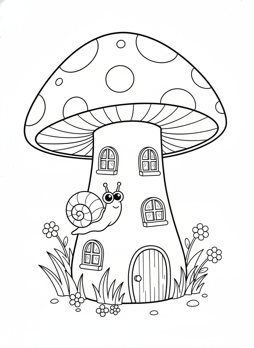 Whimsical Mushroom House with Friendly Snail Coloring Page for Kids