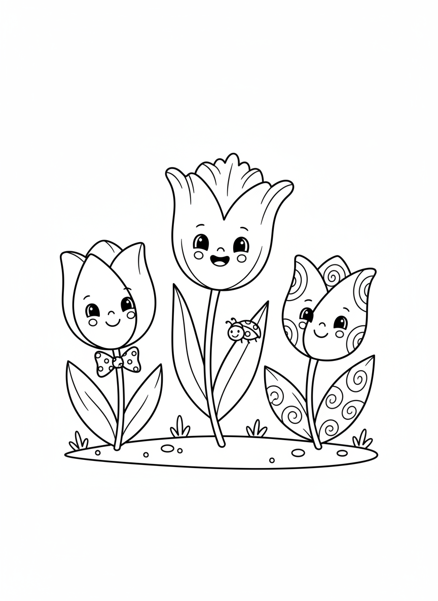 Whimsical Smiling Tulips Coloring Page