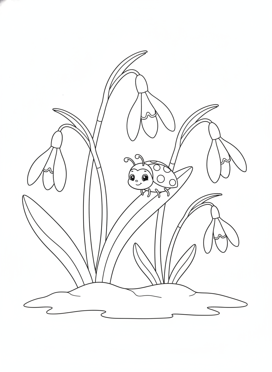 Whimsical Snowdrops & Ladybug Coloring Page for Kids